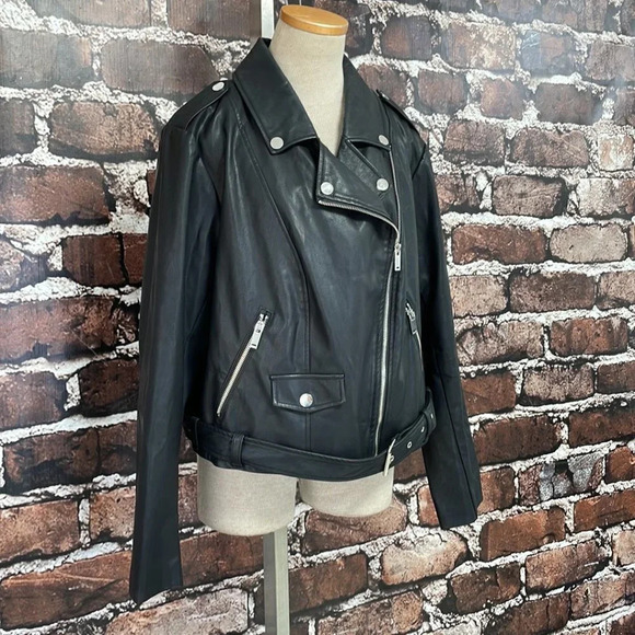 Eloquii Faux Leather Jacket Moto Zipper Belt Black Size 10 - Picture 6 of 14